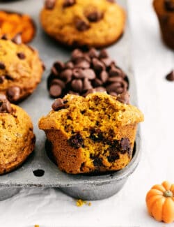 Bitten into pumpkin muffin studded with melty chocolate chips.