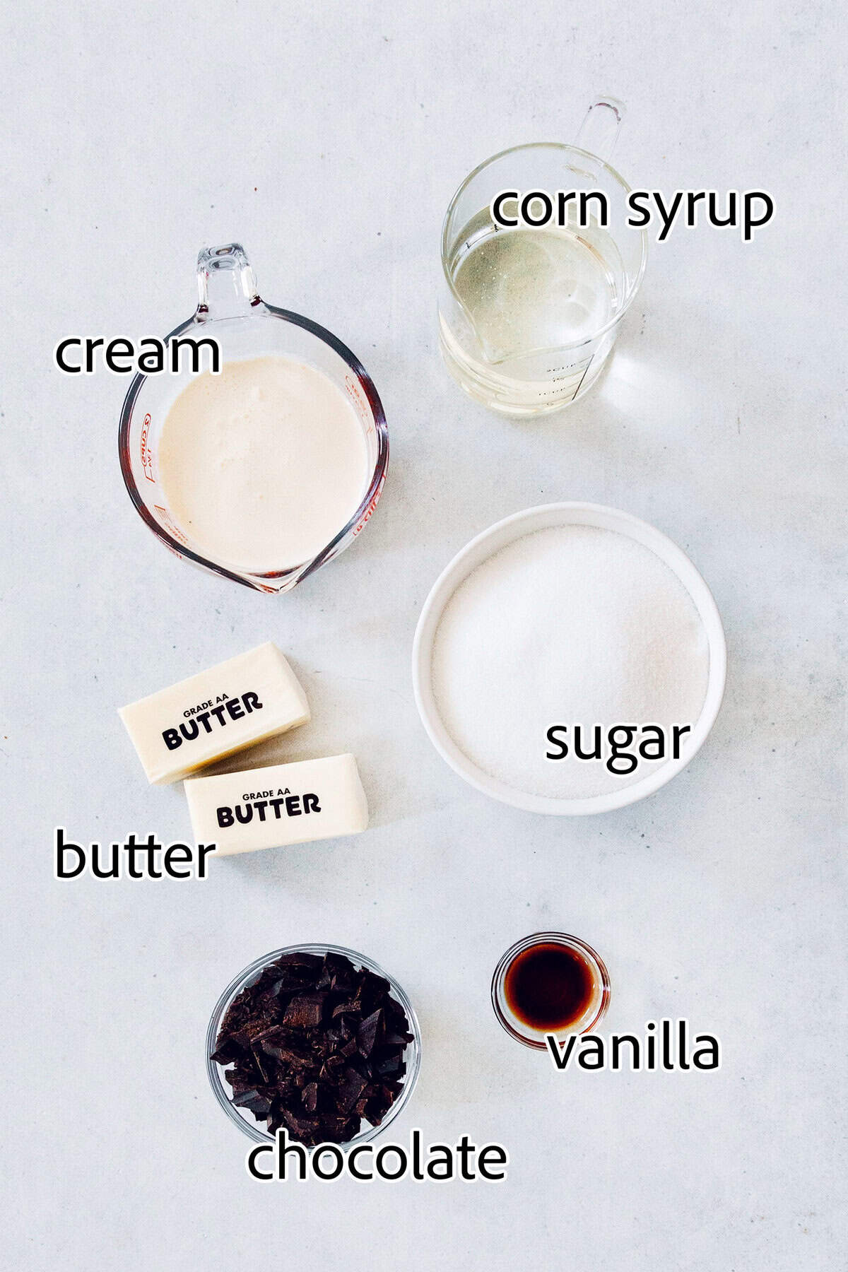 Labeled ingredients for making chocolate caramels. 