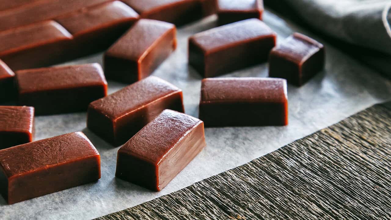 Landscape photo of chocolate caramels.