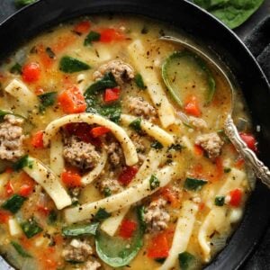 a bowl of Sausage and Red Pepper Soup with Egg Noodles