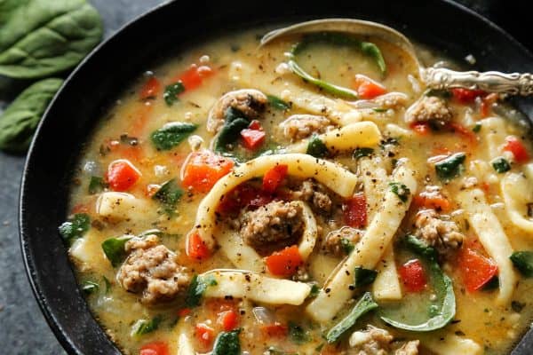 Hearty and satisfying, this Sausage and Red Pepper Soup with Egg Noodles is packed with comfort and delicious flavor! noodle soup