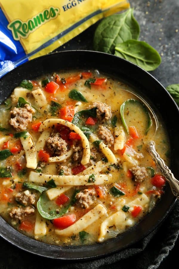 Hearty and satisfying, this Sausage and Red Pepper Soup with Egg Noodles is packed with comfort and delicious flavor! Sausage and Red Pepper Soup with Egg Noodles