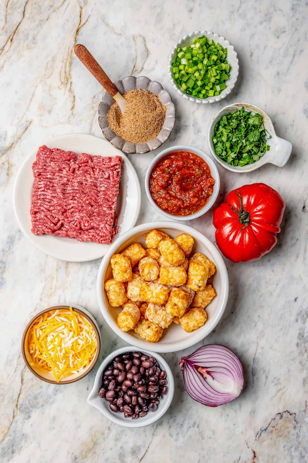Overhead view of ingredients for totchos