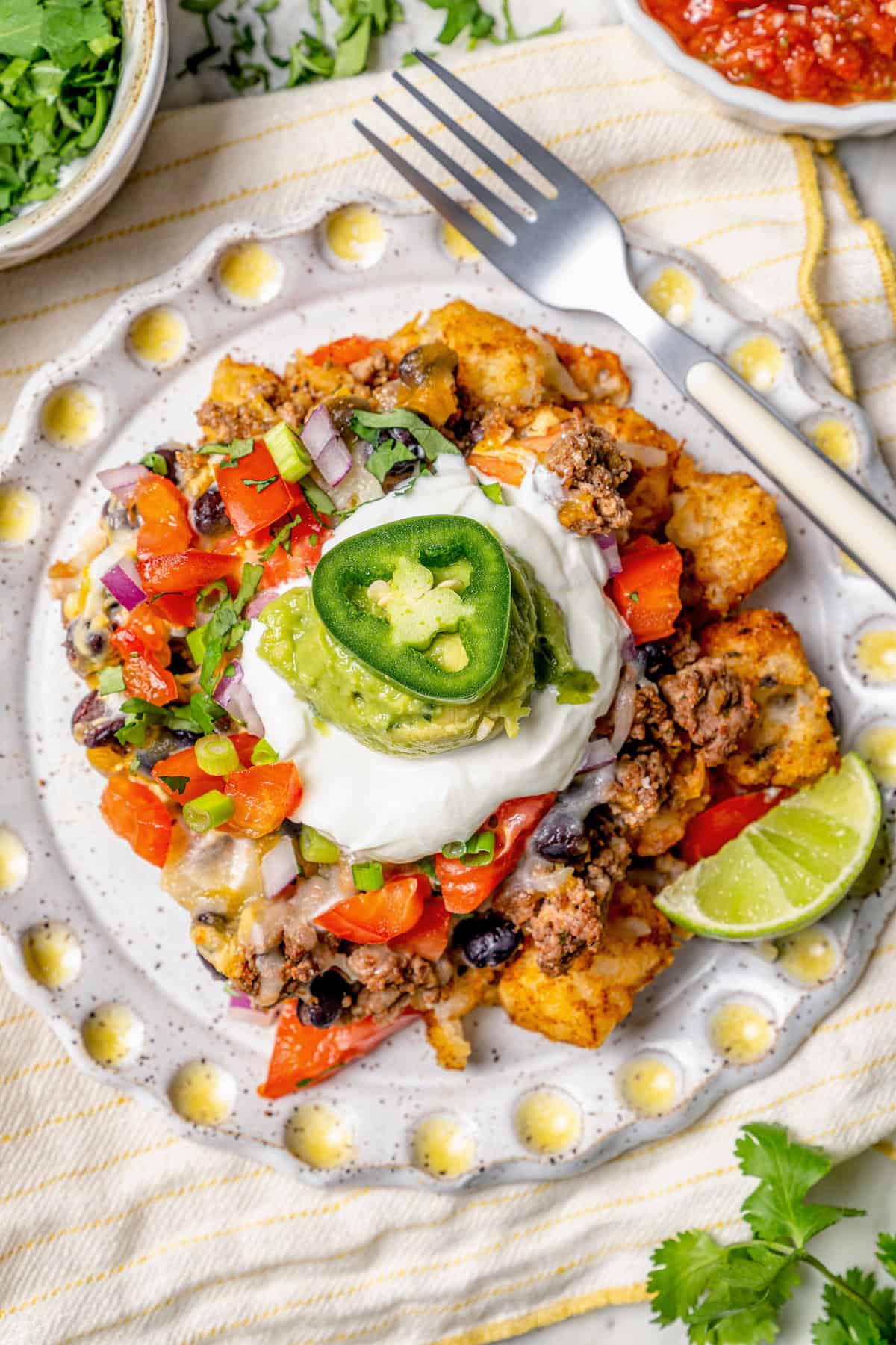 Plate of totchos with toppings