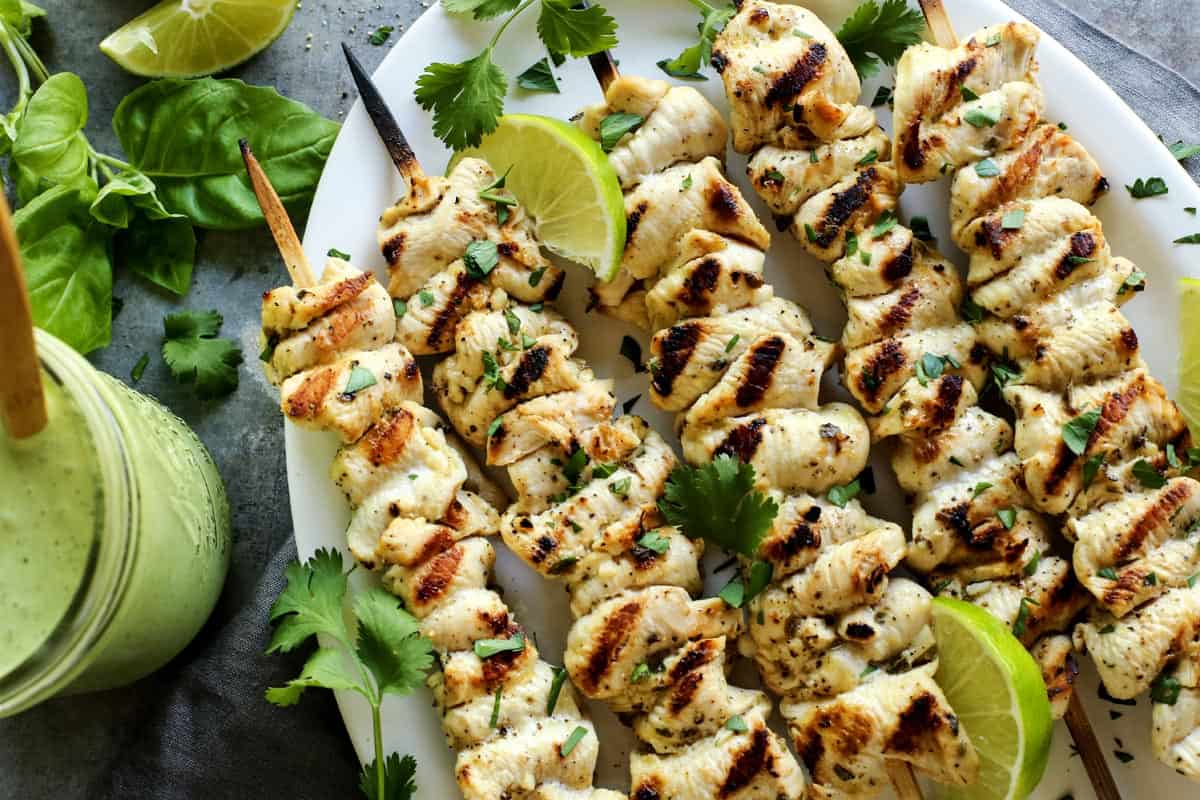 Platter of grilled chicken skewers
