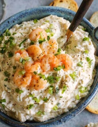 blue bowl of dip with shrimp