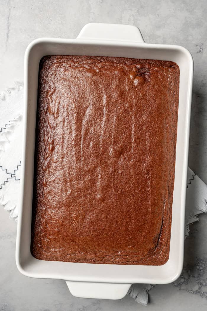 Overhead view of baked brownies in pan