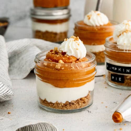 Recipe card photo for layered pumpkin pie in a jar.
