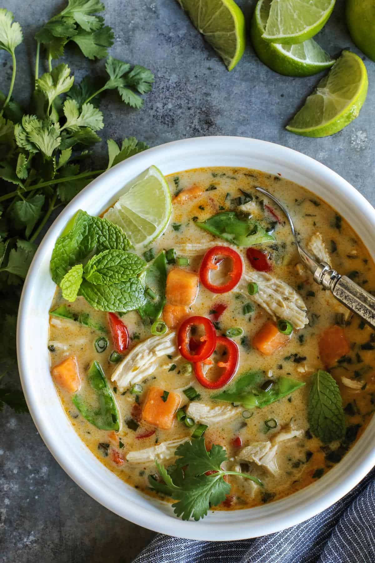 With shredded chicken, chunks of sweet potato, and creamy coconut milk, this warming Thai chicken soup comes together in under an hour! Overhead view of Thai Chicken Soup in a white bowl.