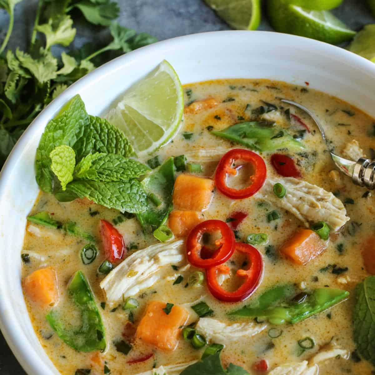 With shredded chicken, chunks of sweet potato, and creamy coconut milk, this warming Thai chicken soup comes together in under an hour! Thai Chicken Soup in a white bowl garnished with fresh mint and sliced chilies.