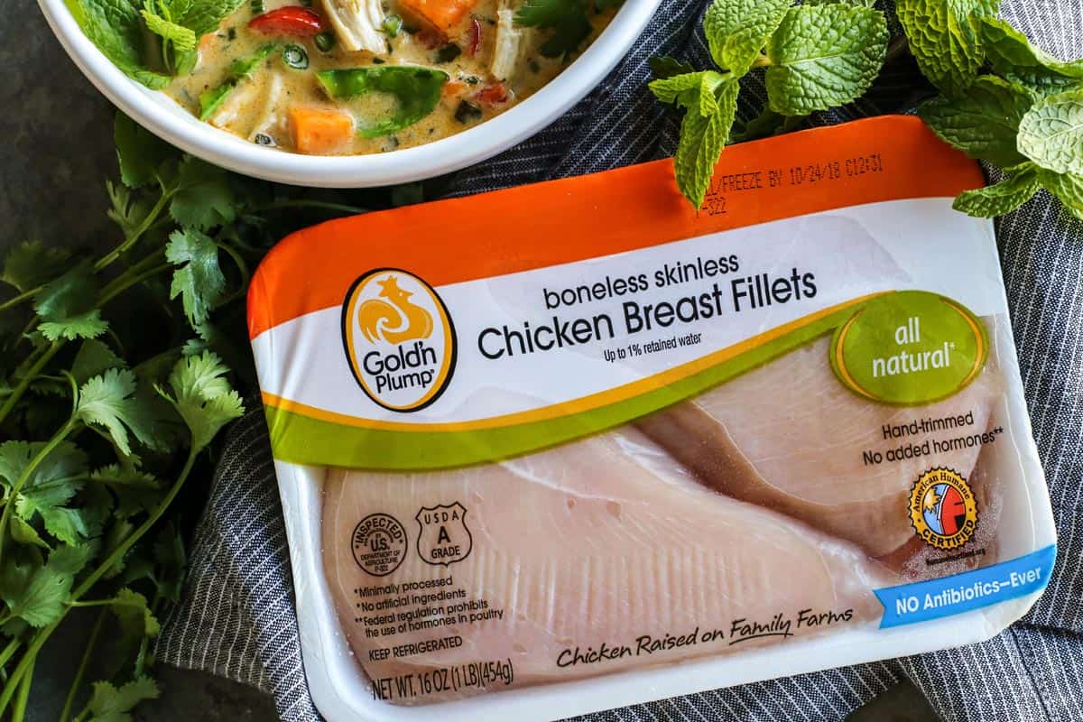 With shredded chicken, chunks of sweet potato, and creamy coconut milk, this warming Thai chicken soup comes together in under an hour! A package of Gold'n Plump boneless skinless chicken breast fillets.