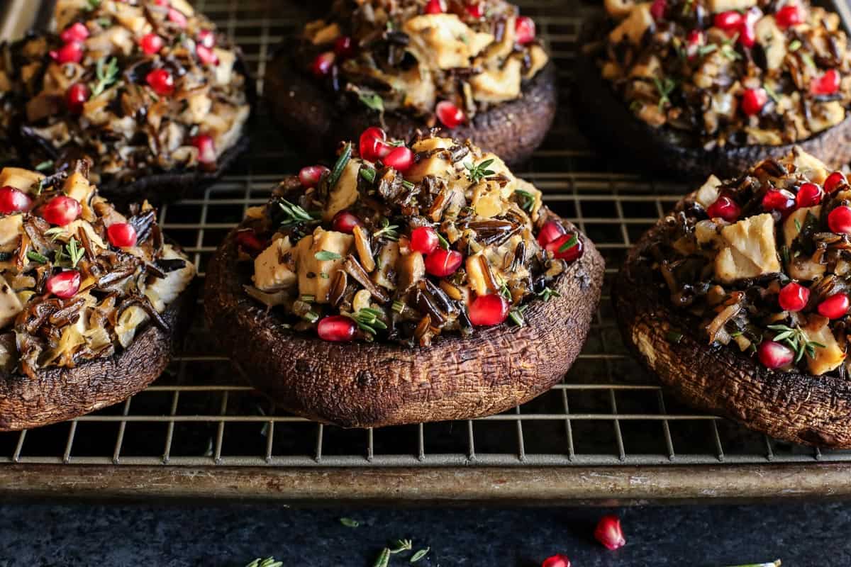 Turkey Wild Rice Stuffed Portobello Mushrooms with pomegranate seeds