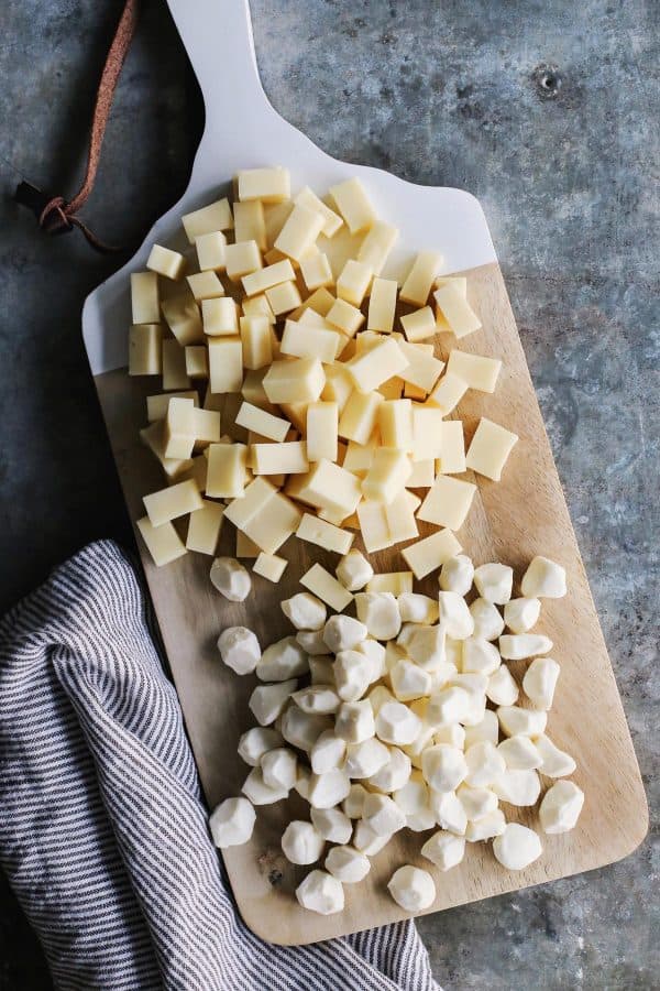 two kinds of diced, mozzarella cheese