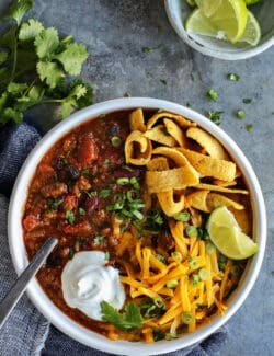 Overhead view of a bowl of crockpot chili