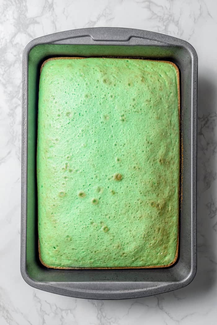 This Grasshopper Cake has layers of moist mint cake, chocolate fudge, and creme de menthe-infused whipped cream. So easy too! Baked mint cake in pan