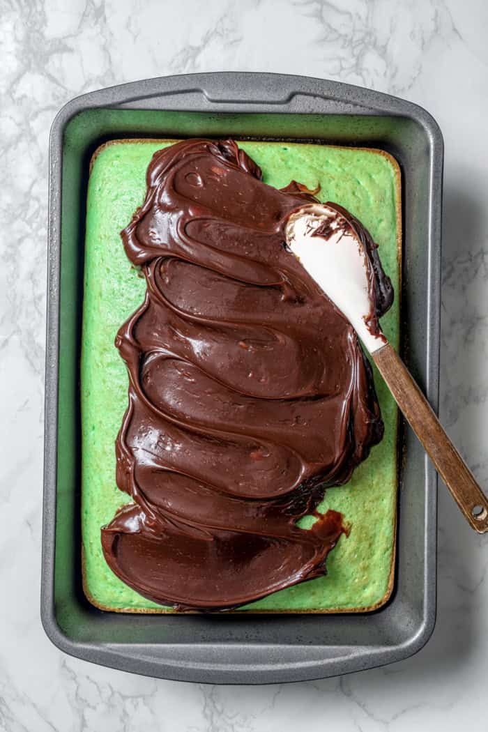 This Grasshopper Cake has layers of moist mint cake, chocolate fudge, and creme de menthe-infused whipped cream. So easy too! Spreading hot fudge onto mint cake layer