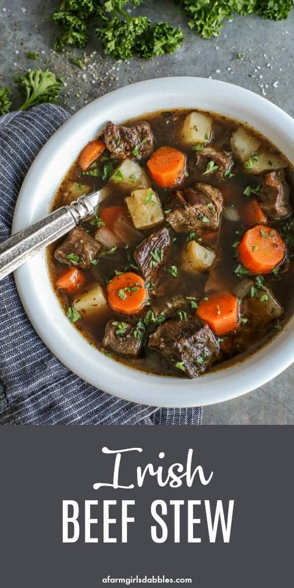 Pinterest image of easy Irish stew with beef and Guinness beer