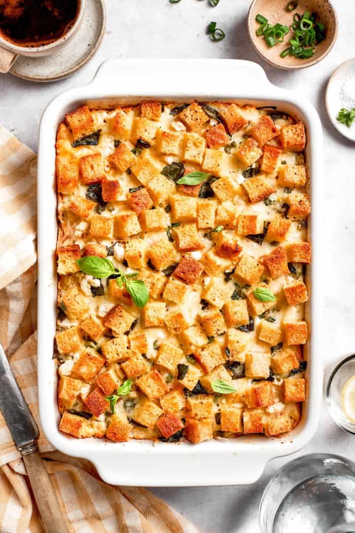 Overhead view of overnight egg bake in casserole dish