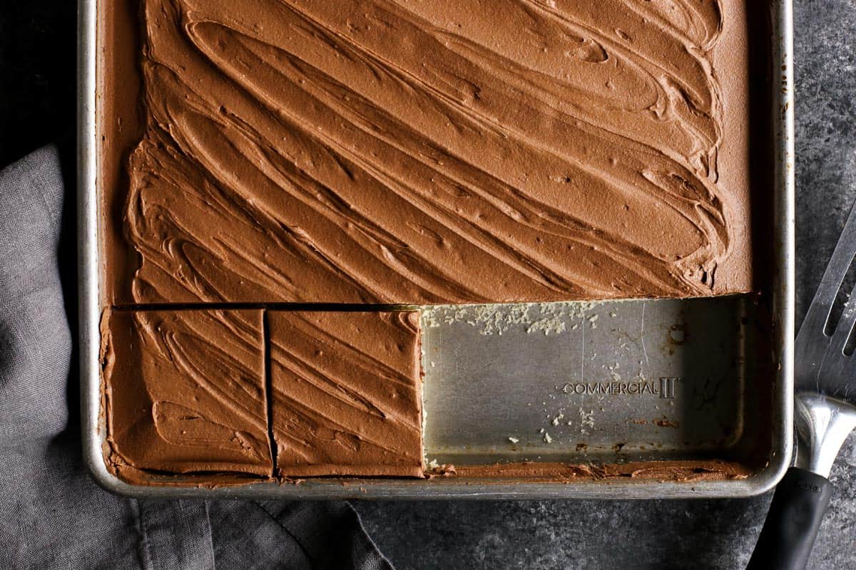 This Easy Marble Cake Recipe features a moist chocolate and vanilla sheet cake slathered with a rich & creamy chocolate buttercream frosting. marble cake with chocolate frosting