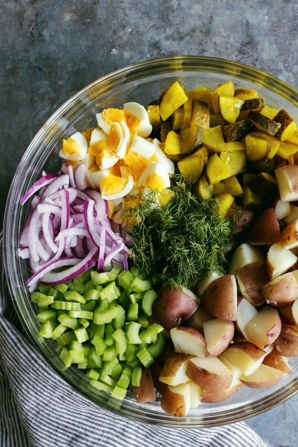 Ingredients for dill pickle potato salad.