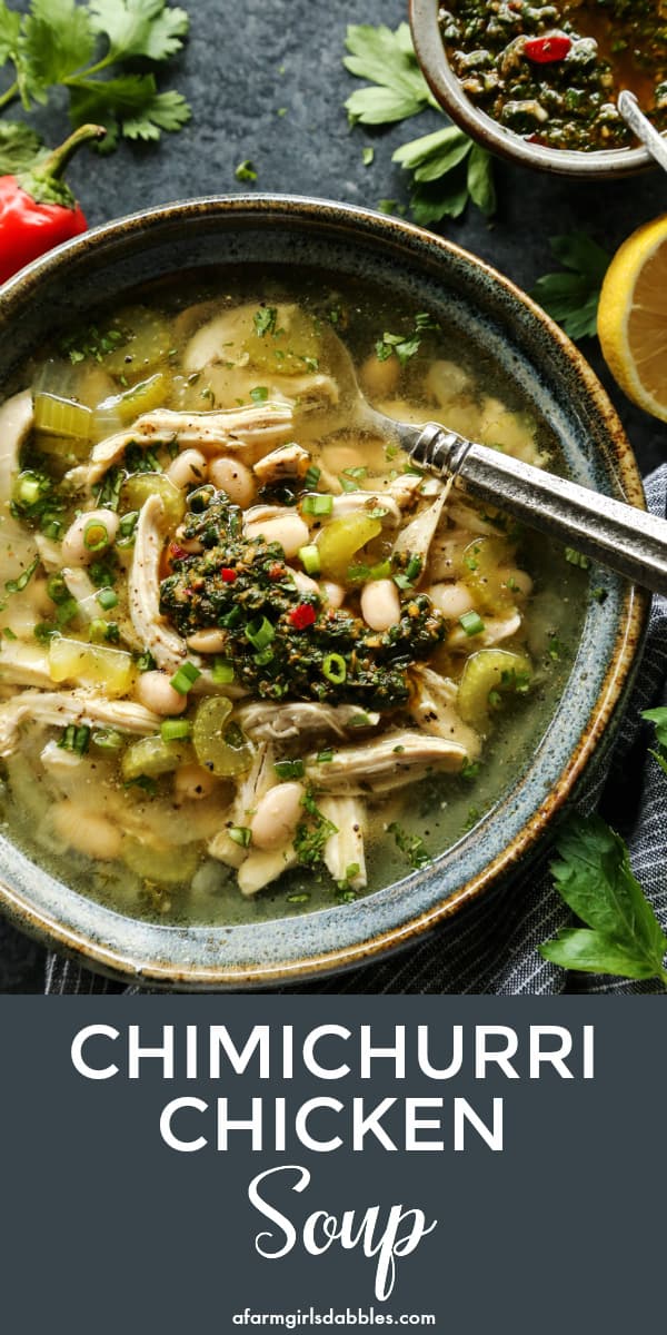 This herby chimichurri chicken soup recipe with creamy white beans is a hearty dinner with all the flavors of your favorite chicken soup. A warm bowl of comforting chimichurri chicken soup with white beans and veggies.