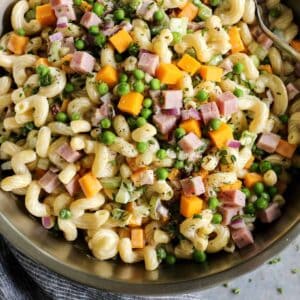 Recipe card photo for macaroni salad with ham.