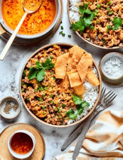 Overhead view of egg roll in a bowl with rice and wonton chips