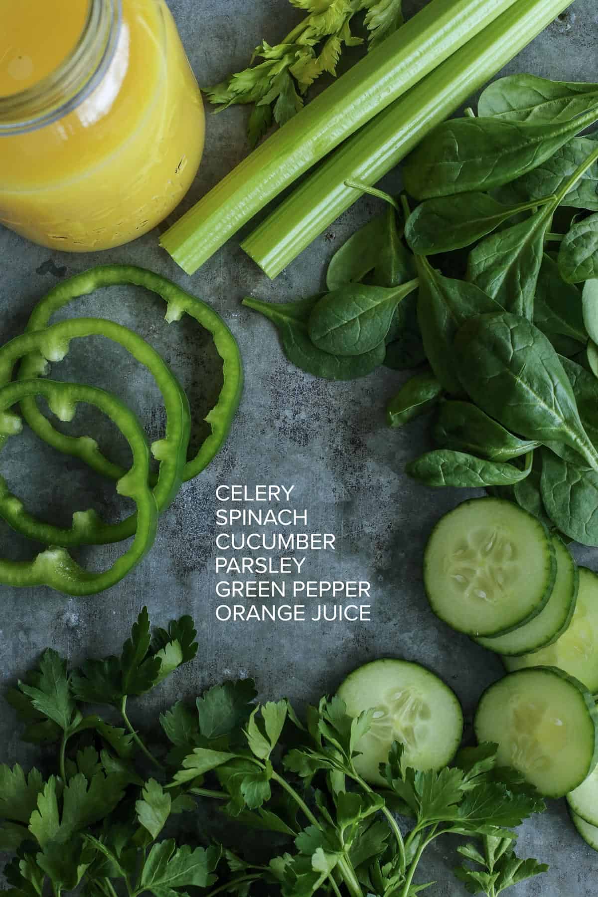 Green Juice is an easy blender recipe that whirls together spinach, parsley, cucumber, celery, green bell pepper, and orange juice. ingredients for green juice include celery, spinach, cucumbers, parsley, green bell pepper, and orange juice