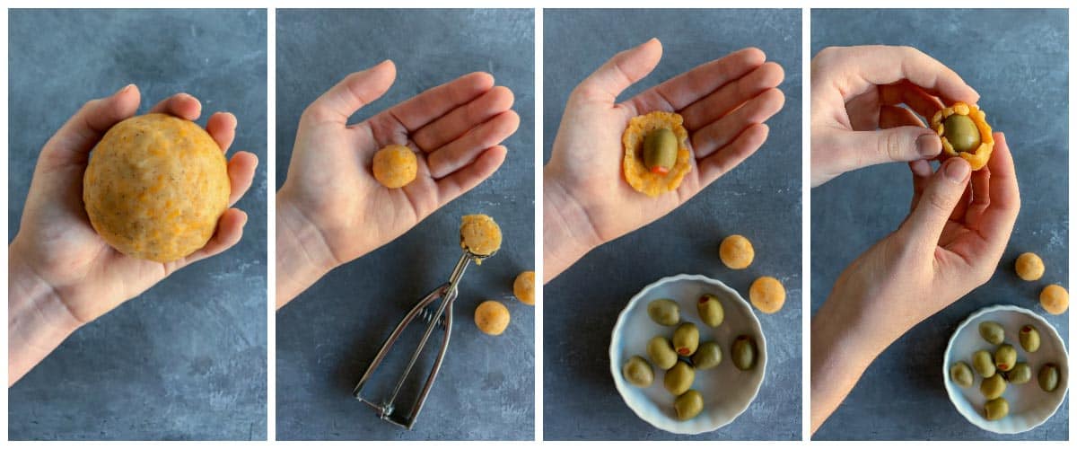 Olive Cheese Balls feature flaky, tender, cheesy dough that surrounds a warm and briny olive for a fun and easy appetizer. four steps to make an olive cheese ball: all of dough in a ball, smaller portions of dough portioned into balls, dough flattened with an olive in the middle, wrapping flattened dough around an olive