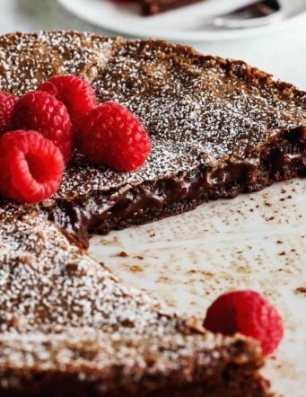 Swedish chocolate cake cut to reveal gooey, sticky interior.