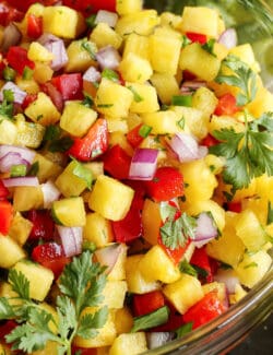 fresh salsa with pineapple, red bell pepper, red onion, and cilantro