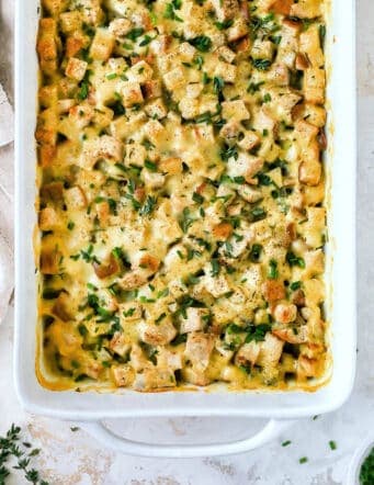 turkey casserole recipe in a white dish