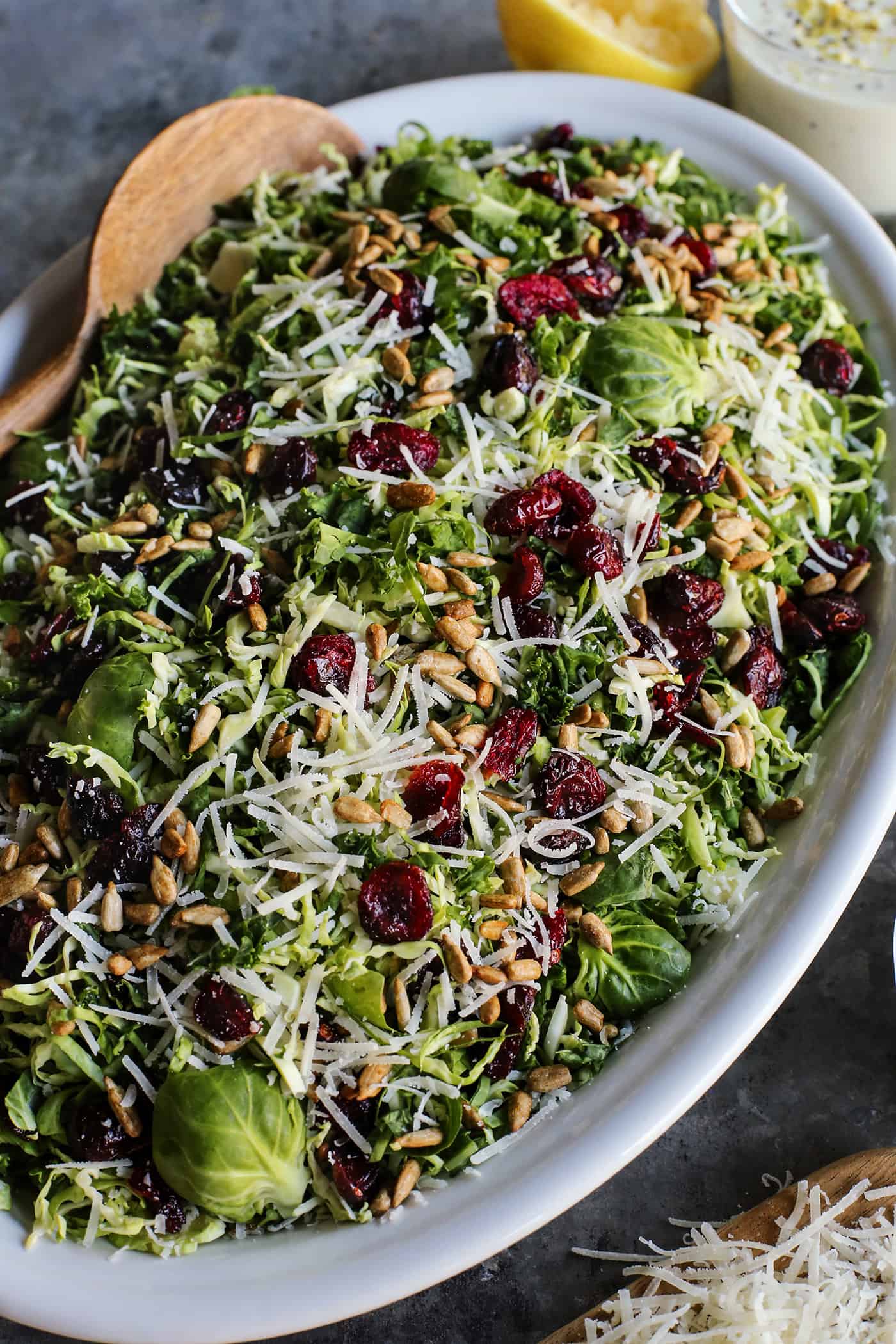 This Shaved Brussels Sprouts Salad has cranberries, sunflower seeds, and Parmesan, with a zippy, creamy dressing. Perfect for the holidays! Salad of shaved Brusssels sprouts on an oval white platter with a jar of lemon yogurt dressing.