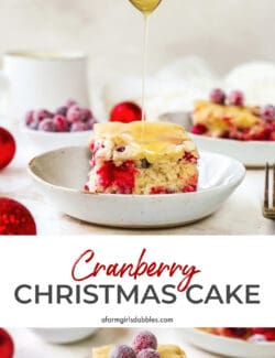 Pinterest photo for cranberry Christmas cake with the recipe name.