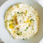 Recipe card photo for creamy mashed potatoes.