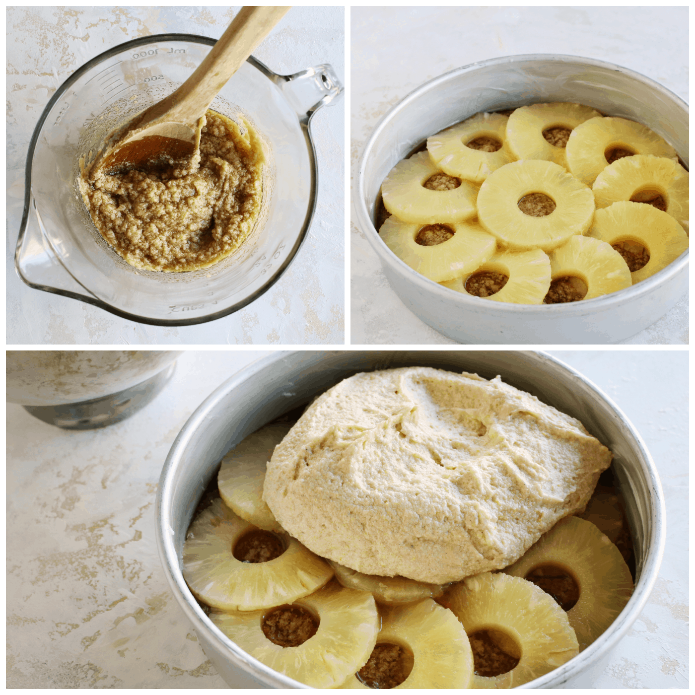 Step-by-step photos showing how to assemble a pineapple upside down cake.