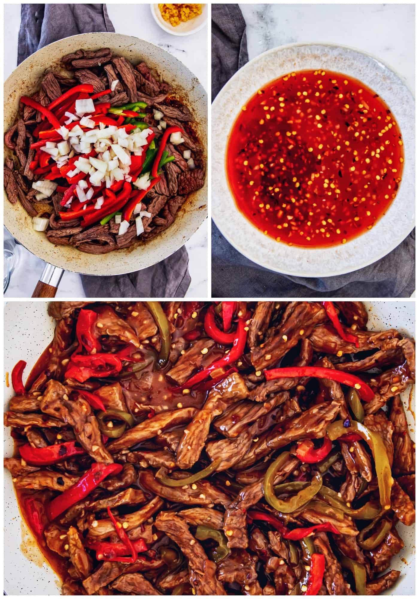 This copycat Beijing beef recipe had tender beef, peppers, and onions tossed in a sweet-spicy homemade sauce. It's even better than takeout! collage of images showing sautéeing the beef and vegetables, the sauce, and the finished Beijing beef