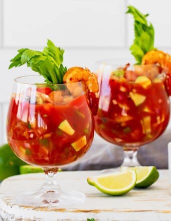 Mexican style shrimp cocktail in two stemmed glasses