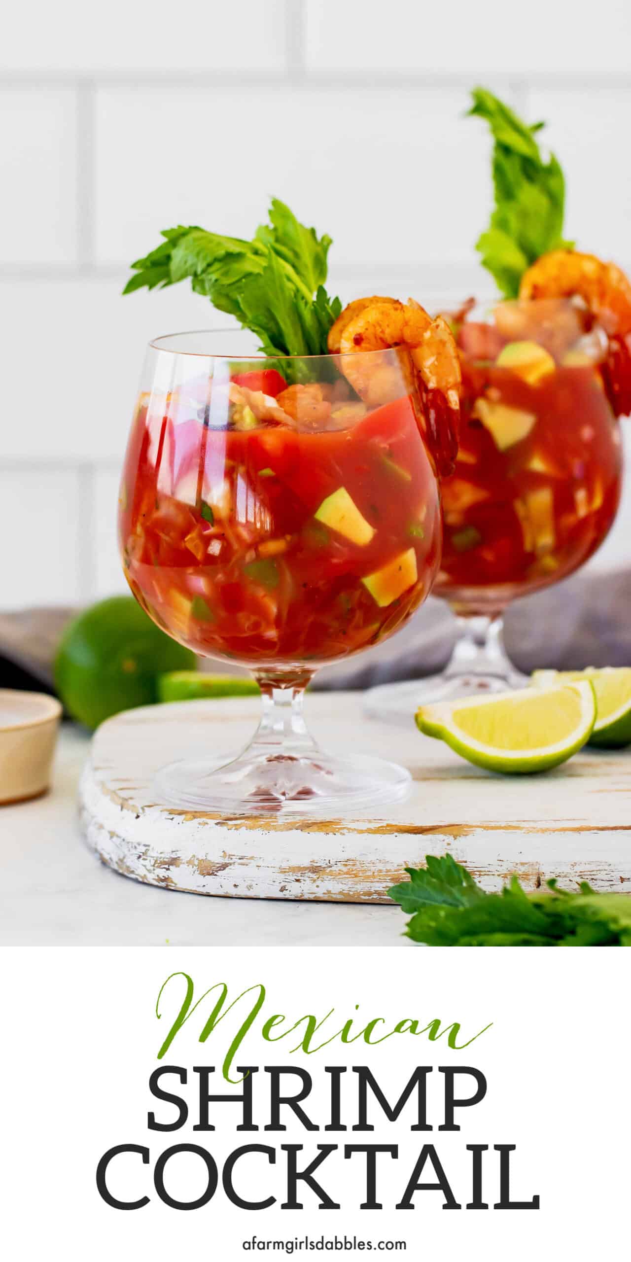 This Mexican shrimp cocktail recipe is a fun twist on a classic appetizer, featuring juicy shrimp and a spicy homemade cocktail sauce! Pinterest image for Mexican shrimp cocktail
