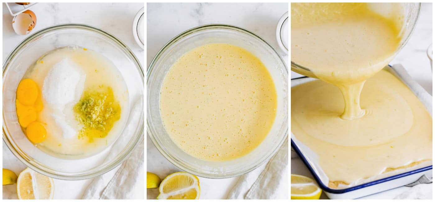 This easy lemon bars recipe is loaded with fresh lemon flavor in a buttery shortbread crust. Only 4 ingredients in the lemon curd filling! a collage of photos showing how to make the lemon filling