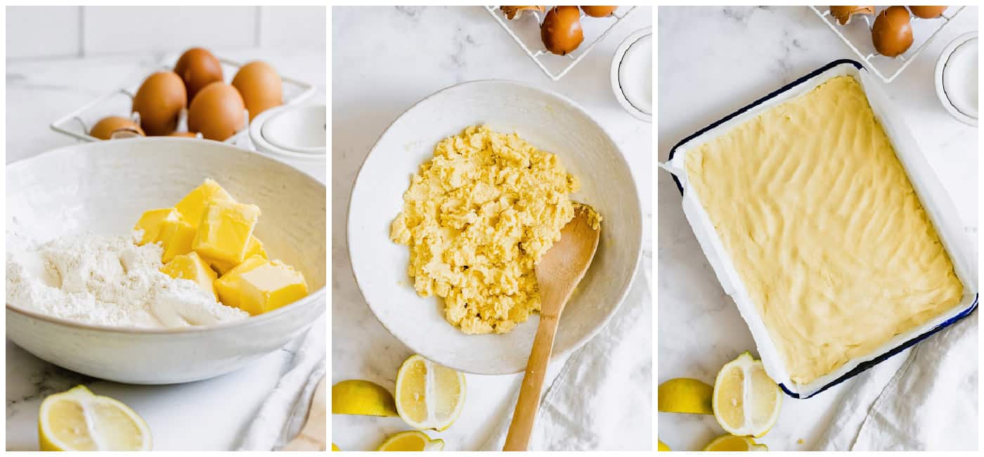 This easy lemon bars recipe is loaded with fresh lemon flavor in a buttery shortbread crust. Only 4 ingredients in the lemon curd filling! a collage of photos showing how to make the shortbread crust
