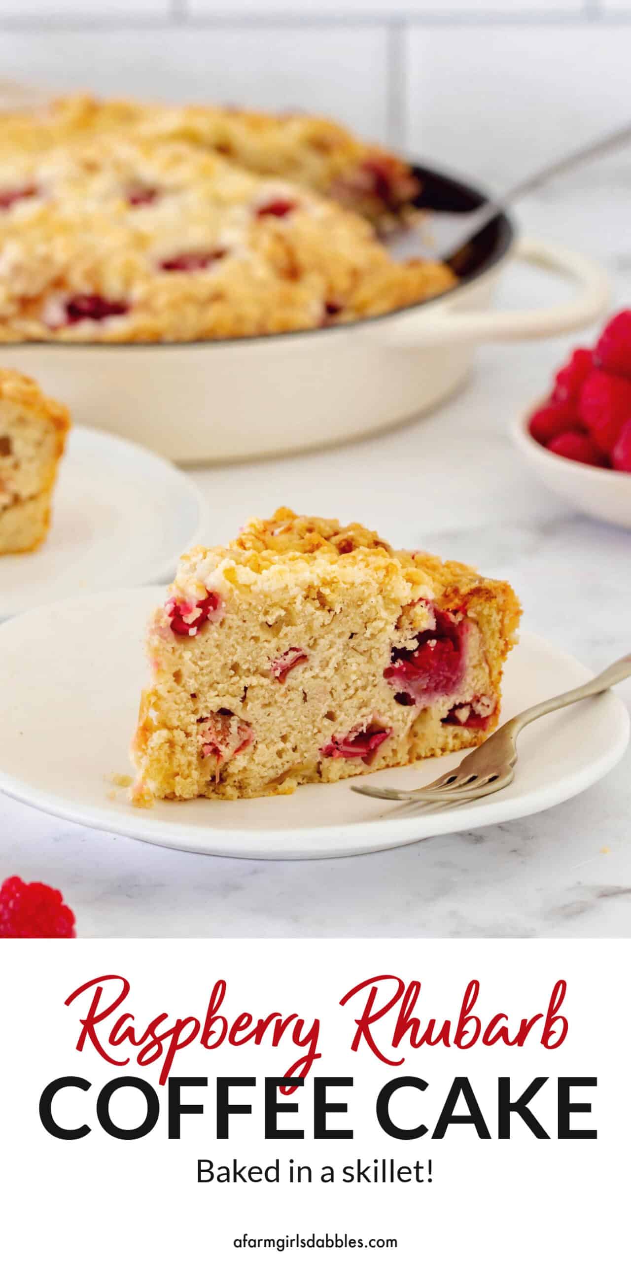Pinterest image for Raspberry Rhubarb Skillet Coffee Cake