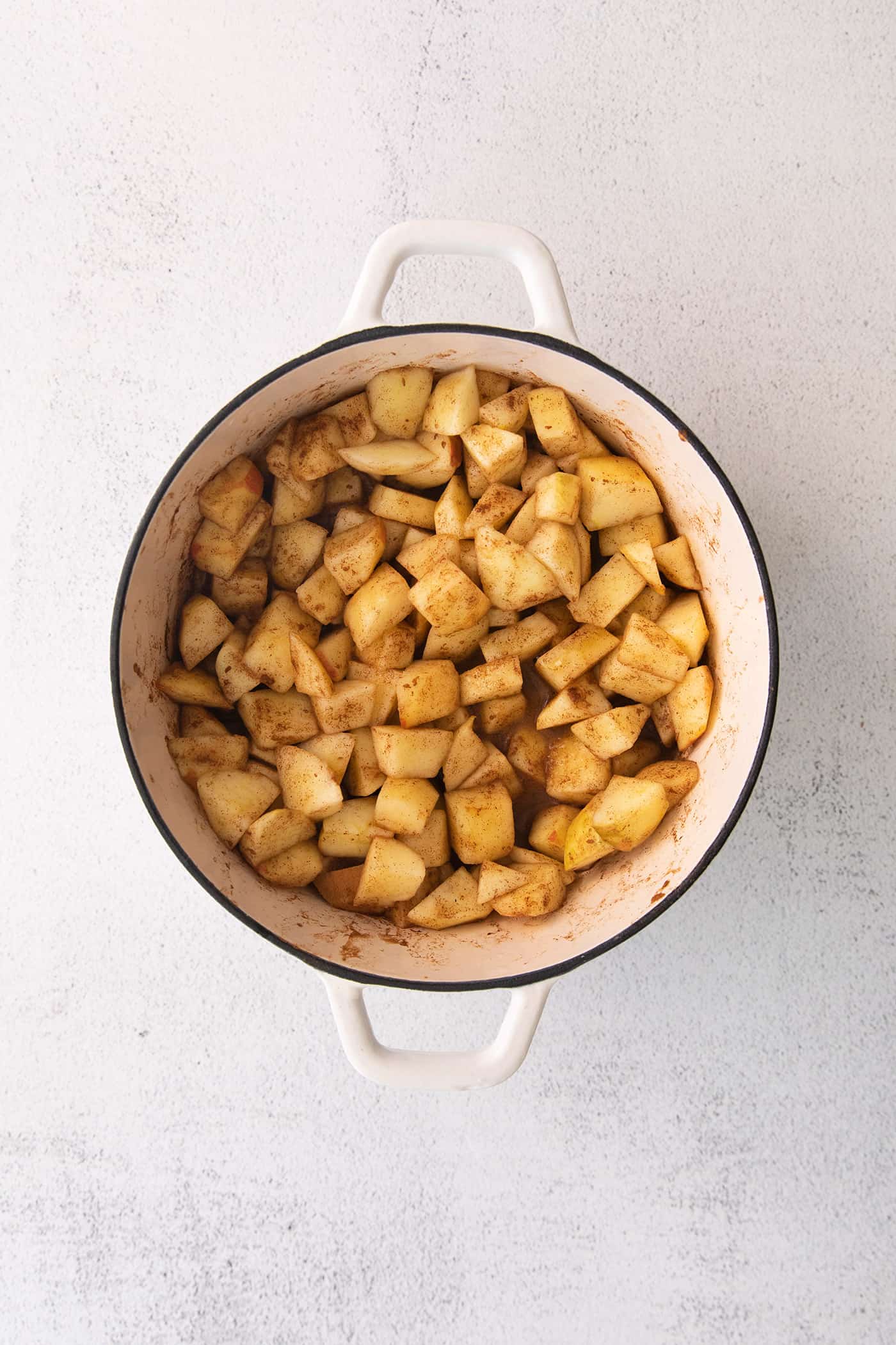 This easy homemade applesauce recipe can be made smooth or chunky, with simple refrigerator storage or canning for long-term pantry storage! chopped apples with cinnamon in a large white pot