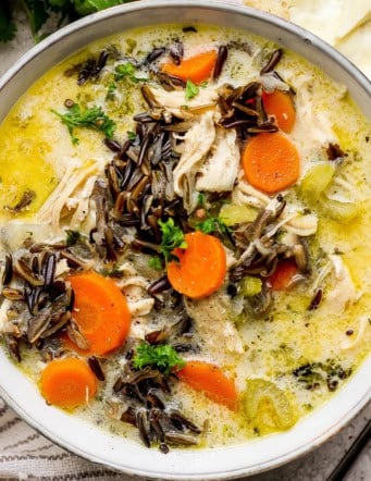Closeup of chicken wild rice soup in bowl