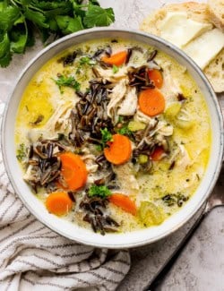 Overhead view of chicken wild rice soup in bowl