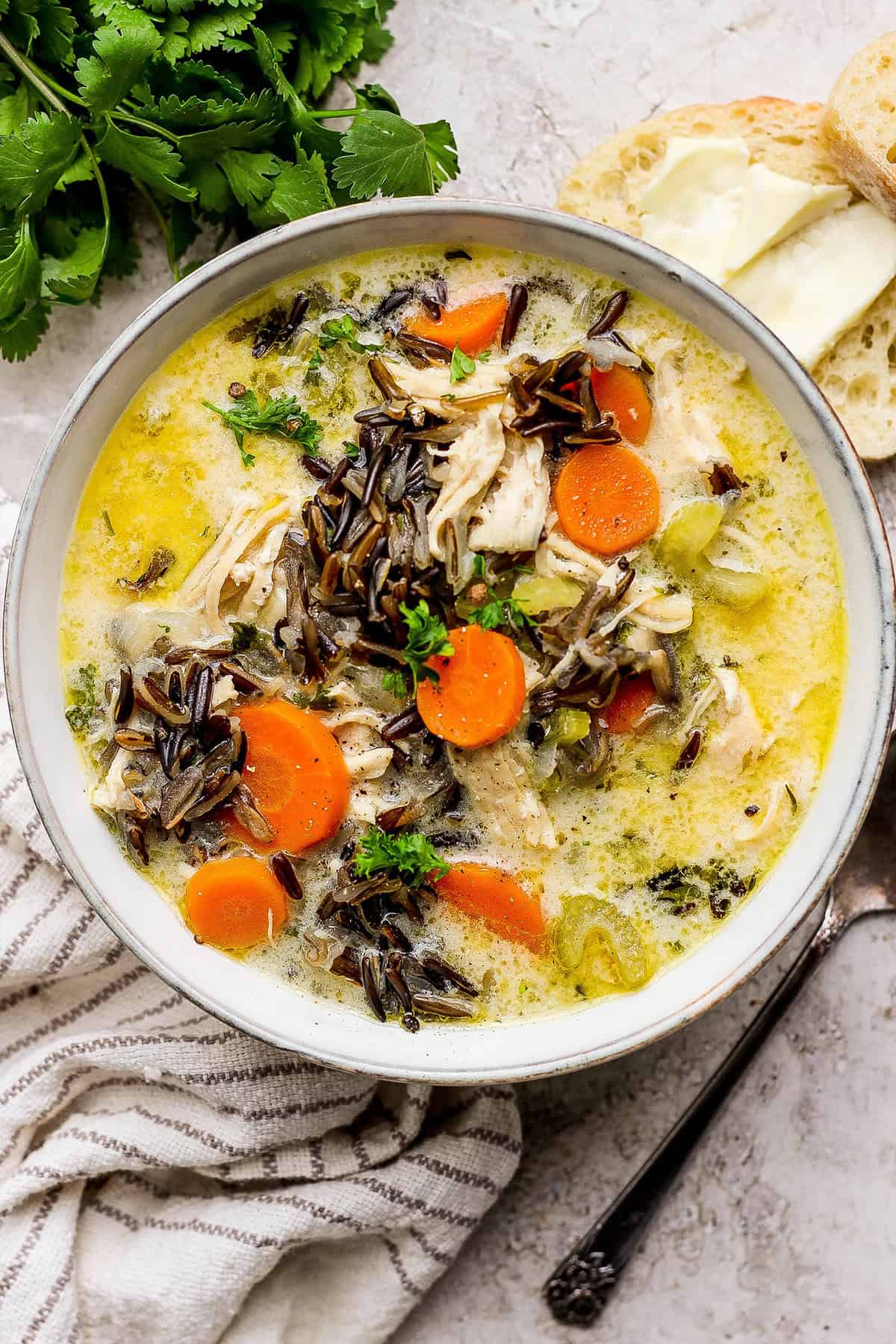 Overhead view of chicken wild rice soup in bowl
