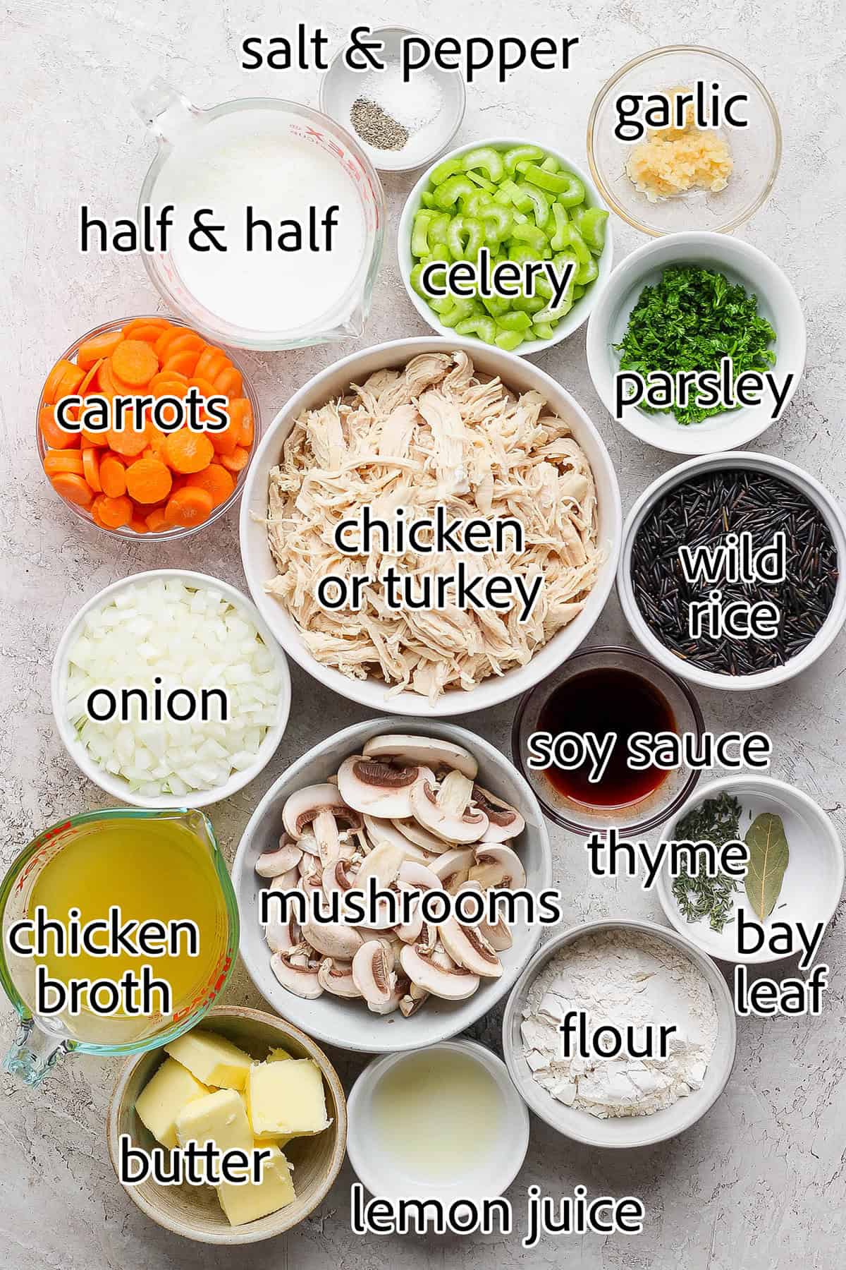 Overhead view of ingredients for chicken wild rice soup with labels