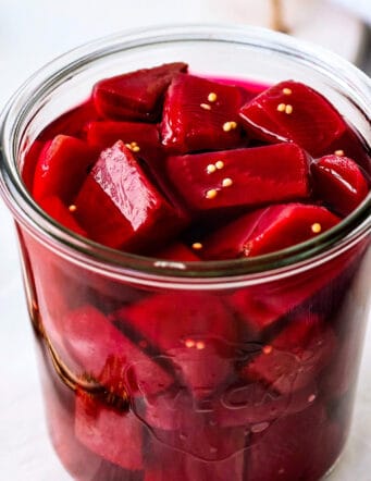 a jar of cubed beets that are pickled