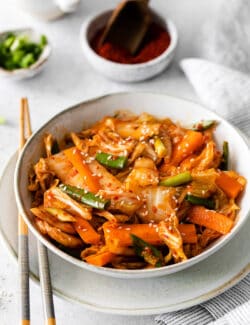 Angled view of a bowl of kimchi
