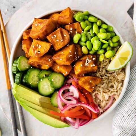 Overhead view of a sweet potato bowl